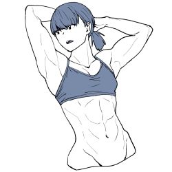 Rule 34 | 1girl, abs, armpits, arms up, blue theme, breasts, character request, copyright request, cropped torso, female focus, groin, highres, low ponytail, monochrome, muscular, muscular female, navel, onsen tamago (hs egg), open mouth, ponytail, small breasts, solo, toned