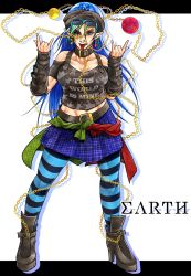 Rule 34 | 1girl, ;p, abs, adapted costume, arm warmers, bare shoulders, belt, belt boots, black footwear, blue eyes, blue hair, boots, breasts, chain, collar, commentary request, double m/, earrings, earth (ornament), english text, green hair, hecatia lapislazuli, hecatia lapislazuli (earth), high heel boots, high heels, highres, jewelry, leather, leather boots, long hair, m/, moon (ornament), multicolored hair, one eye closed, orb, pantyhose, pointy ears, ryuuichi (f dragon), skirt, solo, striped clothes, striped pantyhose, sunglasses, toned, tongue, tongue out, touhou, two-tone hair