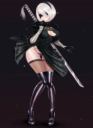 Rule 34 | 1girl, android, astdevir, bad id, bad pixiv id, black footwear, black thighhighs, blindfold, boots, breasts, cleavage, full body, high heel boots, high heels, highres, katana, knees together feet apart, large breasts, mole, mole under mouth, nier (series), nier:automata, panties, parted lips, short hair, silver hair, solo, square enix, sword, thigh boots, thighhighs, underwear, weapon, wide hips, 2b (nier:automata)