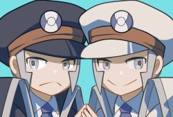Rule 34 | 2boys, aqua background, black coat, black headwear, blue necktie, brothers, closed mouth, coat, collared shirt, commentary request, creatures (company), dress shirt, emmet (pokemon), frown, game freak, grey eyes, grey hair, hat, high collar, highres, ingo (pokemon), long sideburns, male focus, mizuiro123, multiple boys, necktie, nintendo, peaked cap, pokemon, pokemon bw, portrait, shirt, short hair, siblings, sideburns, smile, trench coat, white coat, white headwear, white shirt
