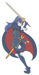 Rule 34 | 1girl, abysswatchers, armor, belt, blue hair, boots, cape, eyebrows, falchion (fire emblem), fighting stance, fire emblem, fire emblem awakening, flat color, full body, hairband, highres, holding, holding sword, holding weapon, knee boots, long hair, looking at viewer, lucina (fire emblem), nintendo, sheath, simple background, solo, sword, weapon, white background