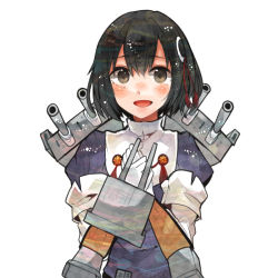 Rule 34 | 10s, 1girl, black hair, blouse, breasts, brown eyes, cannon, elbow gloves, gloves, haguro (kancolle), hair ornament, itomugi-kun, kantai collection, open mouth, shirt, short hair, small breasts, smile, solo, turret, white gloves