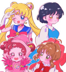 4girls bishoujo_senshi_sailor_moon black_hair blonde_hair blue_eyes brown_hair cardcaptor_sakura fuurinkan_high_school_uniform green_eyes harukaze_doremi highres kinomoto_sakura magical_girl multiple_girls nasu_nasu79 ojamajo_doremi pink_eyes ranma_1/2 red_hair sailor_moon school_uniform tendou_akane tsukino_usagi