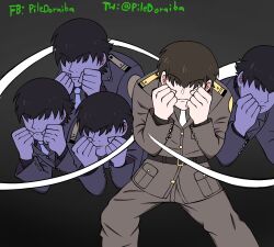 Rule 34 | 1boy, afterimage, black background, boxing, brown hair, commander (nikke), dempsey roll, dodging, fighting stance, goddess of victory: nikke, hajime no ippo, highres, male focus, military, military uniform, neckerchief, piledoraiba, short hair, simple background, solo, uniform