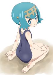 Rule 34 | 10s, 1girl, ass, back, bare arms, bare legs, bare shoulders, barefoot, black one-piece swimsuit, blue eyes, blue hair, blush, body blush, bright pupils, child, closed mouth, creatures (company), feet, female focus, fingernails, flat ass, flat chest, from behind, full body, game freak, hair between eyes, hairband, hand on own knee, lana (pokemon), looking at viewer, looking back, matching hair/eyes, nintendo, one-piece swimsuit, pokemon, pokemon sm, school swimsuit, seiza, short hair, simple background, sincos, sitting, smile, soles, solo, swimsuit, toes, trial captain, wariza, white background