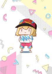 Rule 34 | 1990s (style), absurdres, baseball cap, blonde hair, blue hat, blue shorts, blush stickers, chibi, commentary, english commentary, full body, hands in pocket, hat, highres, hololive, hololive english, hood, hoodie, jazz pattern, memphis design, multicolored clothes, multicolored hat, multicolored shorts, orange hat, patterned background, patterned clothing, phdpigeon, pink shorts, red hat, retro artstyle, shoes, shorts, smile, smol ame, sneakers, socks, standing, virtual youtuber, watson amelia, white background, white footwear, white hoodie, | |