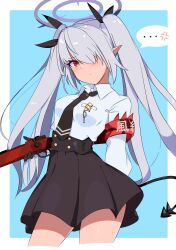 Rule 34 | armband, black gloves, black necktie, black skirt, blue archive, bolt action, demon tail, gloves, gun, highres, iori (blue archive), marchstudio, mauser 98, necktie, red armband, red eyes, rifle, shirt, skirt, sniper rifle, tail, thighs, twintails, weapon, white hair, white shirt