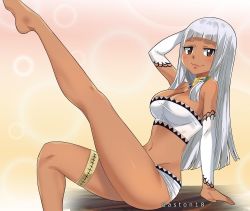 Rule 34 | 1girl, arm behind head, arm support, arm up, breasts, brown eyes, cleavage, colorized, dark-skinned female, dark skin, detached sleeves, eden&#039;s zero, feet, female focus, gaston18, highres, jewelry, large breasts, leg up, legs, long hair, looking at viewer, mashima hiro, midriff, navel, shorts, simple background, sitting, solo, weisz steiner, white hair