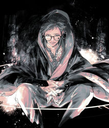 Rule 34 | 1boy, black background, black hood, closed mouth, club (shape), facial tattoo, feet out of frame, glasses, grey pants, hood, hood up, kizu natsuki, looking at viewer, male focus, paint splatter, pants, short hair, solo, squatting, tattoo, trey clover, twisted wonderland, upper body