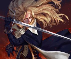 Rule 34 | 1boy, absurdres, alucard (castlevania), ascot, black gloves, blonde hair, cape, castlevania (netflix), castlevania (series), dhampir, embers, fighting stance, gloves, half-human, highres, jacket, long hair, looking to the side, ori dal, serious, solo, sword, undead, vampire, weapon, yellow eyes