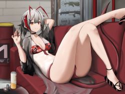 Rule 34 | 1girl, ahoge, antennae, arknights, bikini, black footwear, black jacket, breasts, can, collarbone, couch, demon girl, demon horns, demon tail, flip-flops, gun, gun rack, highres, horns, indoors, jacket, charm (object), lying, medium breasts, on back, on couch, open clothes, open jacket, orange eyes, ozyomin, red bikini, rubber band, sandals, short hair, silver hair, smile, solo, swimsuit, tail, w (arknights), weapon