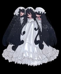 Rule 34 | 3girls, absurdres, black background, black hair, closed eyes, dress, eyelashes, frills, full body, girl sandwich, hat, highres, inata17ta, long hair, mob cap, multiple girls, original, sandwiched, side-by-side, simple background, standing, swept bangs, very long hair, white dress, white headwear