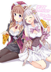 Rule 34 | 2girls, atelier (series), atelier lulua, atelier rorona, bad id, bad pixiv id, blunt bangs, blush stickers, bow, breasts, cleavage, cleavage cutout, closed eyes, clothing cutout, commentary, dated, dress, eating, elmerulia fryxell, food, formal, frills, gem, hair ornament, happy birthday, hat, highres, jewelry, large breasts, long hair, minidraco, miniskirt, mother and daughter, multiple girls, on floor, pantyhose, pendant, pie, pie slice, pleated skirt, purple eyes, rororina fryxell, shadow, simple background, sitting, skirt, smile, thighs, wariza, white background, yokozuwari