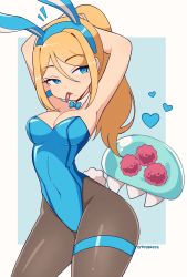 Rule 34 | 1girl, absurdres, animal ears, armpits, arms up, artist name, blonde hair, blue background, blue bow, blue bowtie, blue leotard, bow, bowtie, breasts, cleavage, covered navel, cremanata, detached collar, fake animal ears, fake tail, hair between eyes, heart, highres, leotard, looking to the side, metroid, mole, mole under mouth, mouth hold, nintendo, outside border, pantyhose, playboy bunny, ponytail, rabbit ears, rabbit tail, samus aran, solo, standing, strapless, strapless leotard, tail, thigh strap