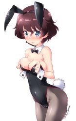 Rule 34 | 1girl, akaboshi koume, animal ears, black bow, black bowtie, black leotard, black pantyhose, blue eyes, bow, bowtie, breast conscious, breasts, brown hair, cleavage, commentary request, covered navel, cowboy shot, dated, detached collar, embarrassed, fake animal ears, girls und panzer, highres, kuzuryuu kennosuke, leotard, medium breasts, one-hour drawing challenge, pantyhose, playboy bunny, rabbit ears, rabbit tail, short hair, simple background, solo, strapless, strapless leotard, tail, twitter username, wavy hair, white background, wrist cuffs
