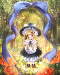 Rule 34 | 1girl, apron, bad id, bad pixiv id, black bow, black ribbon, blonde hair, blue bow, blue ribbon, blush, bow, braid, closed mouth, dress, flower, forest, frills, grass, hair bow, himemurasaki, holding, holding flower, kirisame marisa, leaf, long hair, nature, outdoors, puffy short sleeves, puffy sleeves, red flower, ribbon, short sleeves, smile, solo, standing, start, touhou, tree, very long hair, wrist cuffs, yellow eyes