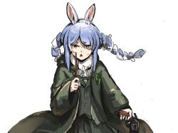 Rule 34 | :o, animal ear fluff, animal ears, blue hair, braid, cloak, don-chan (usada pekora), fallenspherell, finger on trigger, fur scarf, green cloak, green vest, gun, hair ornament, handgun, harry potter (series), highres, hogwarts legacy, holding, holding gun, holding wand, holding weapon, hololive, long hair, long sleeves, looking at viewer, multicolored hair, open mouth, rabbit ears, rabbit girl, revolver, shaded face, short eyebrows, simple background, straight-on, thick eyebrows, twin braids, two-tone hair, upper body, usada pekora, v-shaped eyebrows, vest, vial, virtual youtuber, wand, weapon, white background, white hair, wizarding world