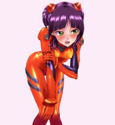 Rule 34 | 1girl, absurdres, alternate hairstyle, blunt bangs, blush, bodysuit, breasts, cat girl, cosplay, embarrassed, eyepatch, gegege no kitarou, green eyes, highres, leaning forward, legs together, multicolored bodysuit, multicolored clothes, nagare seiya, nekomusume, nekomusume (gegege no kitarou 6), neon genesis evangelion, open mouth, parted bangs, pilot suit, pink background, plugsuit, pointy ears, purple hair, red bodysuit, simple background, skinny, slit pupils, small breasts, solo, souryuu asuka langley, souryuu asuka langley (cosplay), standing, turtleneck, two side up