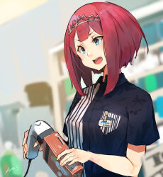 Rule 34 | 1girl, ark royal (kancolle), barcode scanner, blue eyes, blurry, blurry background, bob cut, collared shirt, employee uniform, highres, holding, kantai collection, lawson, open mouth, red hair, shirt, short hair, short sleeves, signature, solo, striped clothes, striped shirt, sunday aki, teeth, tiara, uniform, upper body, upper teeth only, vertical-striped clothes, vertical-striped shirt