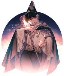 Rule 34 | 1boy, absurdres, bad id, bad pixiv id, black hair, blue eyes, cloak, closed mouth, collared shirt, copyright name, facial hair, fire, futsutsuka, gem, highres, lamp, long sleeves, looking at viewer, male focus, olruggio (tongari boushi no atelier), pointy hat, shirt, short hair, solo, tongari boushi no atelier, white shirt, wide sleeves