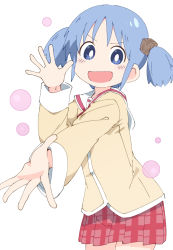 Rule 34 | 1girl, :d, blue eyes, blue hair, blush, bright pupils, commentary request, cube hair ornament, hair ornament, hand up, ixy, long hair, long sleeves, looking at viewer, naganohara mio, nichijou, open mouth, plaid, plaid skirt, red skirt, sailor collar, school uniform, shirt, short hair, simple background, skirt, smile, solo, tokisadame school uniform, twintails, white background, white pupils, white sailor collar, yellow shirt