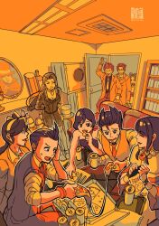 Rule 34 | 4boys, 5girls, ace attorney, antenna hair, apollo justice, athena cykes, black hair, brown eyes, brown hair, chips (food), closed eyes, closed mouth, collared shirt, couch, eating, food, formal, ghost, holding, holding food, holding pizza, indoors, jacket, larry butz, limited palette, long hair, long sleeves, maya fey, mia fey, miles edgeworth, multiple boys, multiple girls, necktie, on couch, open door, open mouth, pants, pearl fey, phoenix wright, pizza, pizza box, pizza slice, portrait (object), potato chips, saginoko, shelf, shirt, short hair, sitting, smile, spiked hair, suit, table, trucy wright, vest