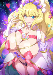Rule 34 | 1girl, :q, black panties, blonde hair, blue eyes, blunt bangs, breasts, brooch, commentary request, covered erect nipples, cure finale, delicious party precure, fingernails, hair ornament, heart, heart brooch, highres, huge breasts, jewelry, joy ride, kasai amane, long hair, looking at viewer, magical girl, nail polish, panties, pasties, pink nails, precure, solo, standing, star (symbol), star hair ornament, thighs, tongue, tongue out, underwear