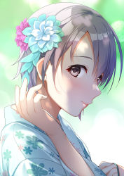 Rule 34 | 1girl, absurdres, black eyes, blurry, blurry background, commentary request, day, floral print, flower, glance, grey hair, hair flower, hair ornament, highres, idolmaster, idolmaster cinderella girls, japanese clothes, kimono, looking at viewer, looking to the side, mikapoe, otokura yuuki, outdoors, print kimono, short hair, solo, upper body