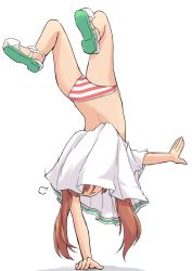Rule 34 | 1girl, brown hair, dark-skinned female, dark skin, dress, full body, hair ribbon, handstand, kakizaki (chou neji), kantai collection, libeccio (kancolle), long hair, one arm handstand, open mouth, panties, ribbon, sailor collar, sailor dress, sandals, shadow, simple background, sleeveless, sleeveless dress, solo, striped clothes, striped panties, tan, twintails, underwear, white background, white dress