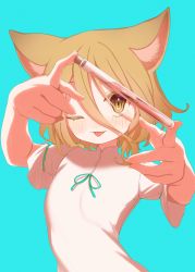Rule 34 | 1girl, ;p, animal ears, blonde hair, blue background, blush, e sdss, fox ears, hair ornament, hairclip, highres, kudamaki tsukasa, looking at viewer, one eye closed, short sleeves, simple background, solo, tongue, tongue out, touhou, upper body, vial, white romper