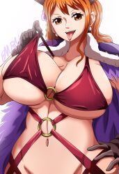 Rule 34 | 1girl, absurdres, artist name, beast pirates uniform, bikini, bra, bra pull, breasts, brown gloves, cleavage, clothes pull, coat, earrings, emuryu1530, female focus, film grain, from below, fur-trimmed coat, fur trim, gloves, hair between eyes, hand on own hip, highres, hip vent, jewelry, large breasts, looking at viewer, matching hair/eyes, nami (one piece), nami (one piece) (wano), naughty face, navel, nose, official alternate costume, one piece, open mouth, orange eyes, orange hair, pearl earrings, pulled by self, red bikini, revealing clothes, simple background, solo, standing, swimsuit, tareme, teeth, tongue, tongue out, underwear, upper body, upper teeth only, white background, white fur, wide hips