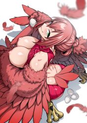 Rule 34 | 1girl, ass, bird legs, bird tail, blush, breasts, breasts out, claws, commentary request, egg, feathered wings, feathers, green eyes, hair between eyes, hair up, harpy, highres, holding, holding egg, jun (rojiura jack), kneeling, large breasts, long hair, looking at viewer, meme attire, monster girl, nipples, original, pink feathers, pink sweater, pink wings, pointy ears, smile, solo, sweater, tail, virgin killer sweater, winged arms, wings