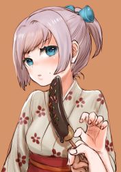 Rule 34 | 10s, 1girl, alternate costume, blue eyes, blush, chocolate banana, floral print, food, hair ornament, head tilt, holding, holding food, japanese clothes, kantai collection, kimono, kutouten, looking at viewer, out of frame, ponytail, pov, pov hands, print kimono, purple hair, sexually suggestive, shiranui (kancolle), short hair, simple background, sketch, solo focus, sweatdrop, swept bangs, upper body