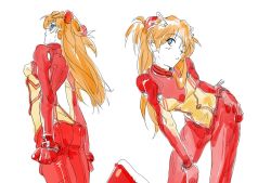 Rule 34 | 1girl, artist request, ass, blue eyes, breasts, brown hair, evangelion: 2.0 you can (not) advance, female focus, hair ornament, hand on own hip, interface headset, lips, long hair, looking at viewer, multiple views, neon genesis evangelion, plugsuit, rebuild of evangelion, shiny clothes, simple background, skin tight, souryuu asuka langley, test plugsuit, tsundere, two side up