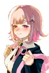 1girl backpack bag breasts closed_mouth collared_shirt danganronpa_(series) danganronpa_2:_goodbye_despair galaga green_jacket hair_ornament jacket large_breasts nanami_chiaki open_clothes open_jacket pink_bag pink_eyes pink_hair shirt short_hair simple_background smile solo two-tone_shirt upper_body white_background yo_(tb8_vq)