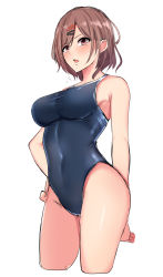 Rule 34 | 1girl, baretto (karasi07), blush, brown hair, brown mouth, competition swimsuit, contrapposto, hair ornament, hairclip, hand on own hip, highres, higuchi madoka, idolmaster, impossible clothes, impossible swimsuit, looking at viewer, mole, mole under eye, one-piece swimsuit, open mouth, short hair, simple background, sketch, solo, swimsuit, thighs, white background