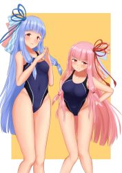 Rule 34 | 2girls, bakkasu150, blue hair, blue ribbon, blush, breasts, competition swimsuit, feet out of frame, hair ribbon, hands on own hips, highleg, highleg swimsuit, highres, kotonoha akane, kotonoha aoi, leaning forward, long hair, looking at viewer, matching outfits, medium breasts, multiple girls, one-piece swimsuit, open mouth, own hands together, pink hair, red eyes, red ribbon, ribbon, siblings, sisters, smile, standing, swimsuit, thigh gap, very long hair, voiceroid, yellow background