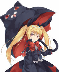 Rule 34 | 1girl, arm at side, black cat, black jacket, black ribbon, black skirt, blazblue, bow, bowtie, cat, cowboy shot, hair ribbon, holding, holding umbrella, iroha (unyun), jacket, long hair, long sleeves, looking at viewer, parted lips, rachel alucard, red bow, red bowtie, red eyes, ribbon, simple background, skirt, solo, twintails, umbrella, white background