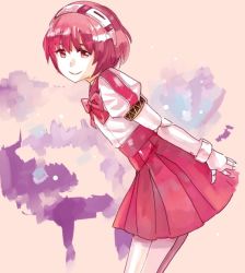 Rule 34 | 1girl, aida yuu, android, blouse, bow, bowtie, commentary request, dorothy haze, dress, headband, mechanical arms, pale skin, pink hair, pink skirt, red eyes, shirt, skirt, smile, solo, va-11 hall-a, white shirt