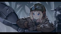 Rule 34 | 1girl, absurdres, black gloves, black jacket, black shirt, blonde hair, blue eyes, blurry, blurry background, blush, clenched teeth, depth of field, gar32, girls und panzer, gloves, goggles, goggles on headwear, green headwear, helmet, highres, holding, jacket, kay (girls und panzer), letterboxed, long sleeves, military, military vehicle, motor vehicle, open clothes, open jacket, parted bangs, puffy long sleeves, puffy sleeves, shirt, signature, solo, star (symbol), tank, teeth, tree, upper body, v-shaped eyebrows