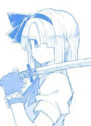 Rule 34 | anarogumaaa, bad id, bad twitter id, blue theme, blunt bangs, bow, bowtie, fingerless gloves, from side, gloves, hair over one eye, hairband, katana, konpaku youmu, looking at viewer, monochrome, one eye covered, over shoulder, puffy short sleeves, puffy sleeves, short hair, short sleeves, simple background, sketch, solo, sword, touhou, upper body, vest, weapon, weapon over shoulder