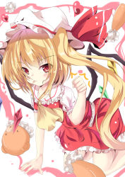 Rule 34 | 1girl, ascot, blonde hair, blush, bow, breasts, clenched hand, closed mouth, commentary request, crystal, feet out of frame, flandre scarlet, frilled shirt, frilled shirt collar, frilled skirt, frilled sleeves, frills, hat, hat ribbon, heart, highres, hyper muteki (ningen no kuzu), long hair, looking at viewer, mob cap, one side up, puffy short sleeves, puffy sleeves, red bow, red eyes, red ribbon, red skirt, red vest, ribbon, shirt, short sleeves, skirt, small breasts, smile, solo, stuffed animal, stuffed toy, stuffing, teddy bear, tongue, tongue out, touhou, vest, white background, white hat, white shirt, wings, yellow ascot