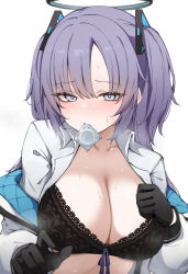 Rule 34 | 1girl, black bra, black gloves, blue archive, blush, bra, breasts, cleavage, collarbone, collared shirt, condom, condom wrapper, gloves, halo, highres, jacket, large breasts, long hair, looking at viewer, mechanical halo, mouth hold, purple eyes, purple hair, shirt, simple background, solo, two-sided fabric, two-sided jacket, two side up, underwear, upper body, white background, white shirt, yuuka (blue archive), yuukun mk-ii