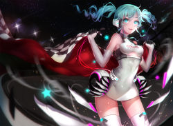 Rule 34 | 1girl, aqua dress, aqua eyes, bare shoulders, checkered flag, cowboy shot, dress, elbow gloves, flag, gloves, goodsmile racing, hatsune miku, headset, highres, lights, long hair, looking at viewer, mecha musume, night, open mouth, race queen, racing miku, racing miku (2014), sa (h28085), sky, sleeveless, smile, solo, star (sky), starry sky, thighhighs, twintails, vocaloid, white dress, white gloves, white thighhighs, zettai ryouiki