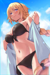Rule 34 | 1girl, bikini, black bikini, blonde hair, blue eyes, blue jacket, blue sky, blush, braid, braided ponytail, breasts, chromatic aberration, cleavage, fate/grand order, fate (series), hairband, highres, hood, hooded jacket, jacket, jeanne d&#039;arc (fate), jeanne d&#039;arc (swimsuit archer) (fate), jeanne d&#039;arc (swimsuit archer) (first ascension) (fate), large breasts, long hair, long sleeves, looking at viewer, navel, off shoulder, open clothes, open jacket, sky, smile, solo, swimsuit, very long hair, wet, yoshimoto (carpsukidayo)