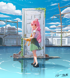 Rule 34 | 1girl, abandoned, absurdres, bathhouse, black footwear, blue sky, cloud, crossover, door, genderswap, genderswap (mtf), green skirt, hair ribbon, highres, loafers, long hair, looking at viewer, looking back, low-tied long hair, munakata souta (chair), nature, onii-chan wa oshimai!, oyama mahiro, pink hair, pink ribbon, pleated skirt, poster redraw, red eyes, redraw, reflection, reflective water, ribbon, school uniform, shirt, shoes, skirt, sky, suzume&#039;s chair, suzume no tojimari, user emcm5342, very detailed background, wading, water, weeds, white shirt