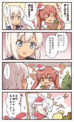 Rule 34 | &gt; &lt;, + +, ..., 10s, 2girls, 4koma, :d, ^ ^, blonde hair, blue eyes, blush, blush stickers, brown eyes, brown hair, christmas tree, comic, commentary request, closed eyes, fang, flying sweatdrops, hair ornament, hair ribbon, hat, kantai collection, libeccio (kancolle), long hair, mini hat, multiple girls, open mouth, ribbon, rioshi, ro-500 (kancolle), santa costume, santa hat, smile, spoken ellipsis, sweat, translated, twintails, wavy mouth