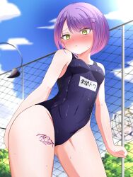 Rule 34 | absurdres, amane kanata, aresiasitennou, blush, breasts, bush, cameltoe, closed mouth, cloud, cloudy sky, collarbone, covered navel, demon tail, drooling, full-face blush, green eyes, hair ornament, hairclip, halo, highres, hololive, leg tattoo, light blush, looking at another, looking down, medium breasts, multicolored hair, name tag, one-piece swimsuit, piercing, purple hair, school swimsuit, shirt, short hair, sky, sparkling eyes, star halo, streaked hair, swimsuit, tail, tail ornament, tail piercing, tattoo, tokoyami towa, two-tone hair, virtual youtuber, wet, wet clothes, wet swimsuit, white hair, white shirt
