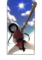 Rule 34 | 1girl, black hair, blue sky, brown eyes, chinese clothes, cloud, cyrano (aazzss3), fighting stance, from below, hair bobbles, hair ornament, highres, holding, holding polearm, holding weapon, long hair, low twintails, open mouth, original, outside border, polearm, sky, solo, sun, twintails, weapon, wide sleeves