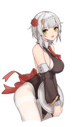 Rule 34 | 1girl, bare shoulders, black leotard, black sleeves, bodysuit, braid, breasts, commentary request, cropped legs, detached sleeves, eyebrows hidden by hair, flower, genshin impact, green eyes, grey hair, hair flower, hair ornament, highres, holding, holding tray, inniyik, leotard, long sleeves, looking at viewer, medium breasts, noelle (genshin impact), open mouth, pantyhose, puffy long sleeves, puffy sleeves, red flower, red rose, rose, simple background, solo, thighband pantyhose, tray, white background, white bodysuit, white pantyhose